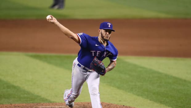 Sep 23, 2020; Phoenix, Arizona, USA; Texas Rangers pitcher Jonathan Hernandez against the Arizona Diamondbacks at Chase Field. Mandatory Credit: Mark J. Rebilas-USA TODAY Sports